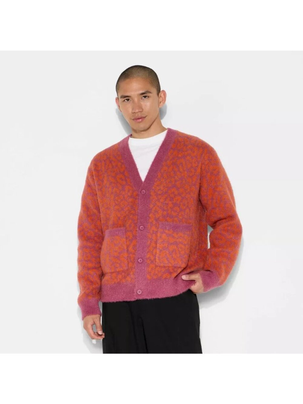 Men's Orange Cardigan Sweater Sz XL Original Use Animal Print Fuzzy & Soft NWOT